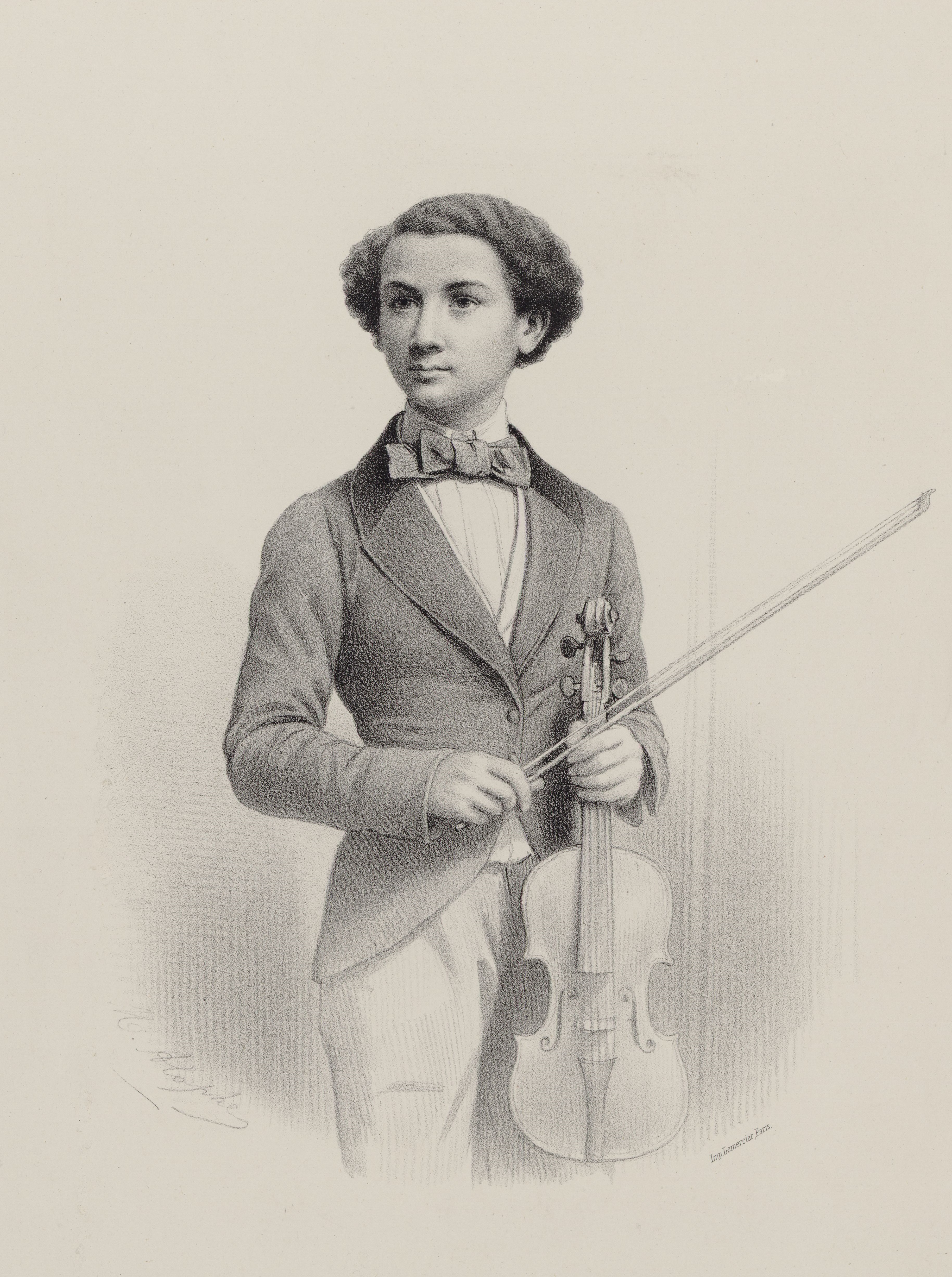 Ilustracja 1. Skrzypek Izydor Lotto, zdobywca „Premier Prix (1853) du Conservatoire Impérial de Musique de Paris”, litografia Marie-Alexandre’a Alopha, 1853, Bibliothèque nationale de France, ark:/12148/btv1b84262999