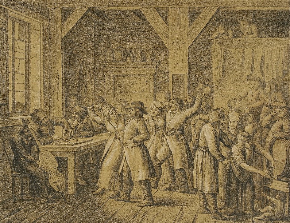 Ilustracja 1. Kazimierz Żwan, <i>Karczma</i>, 1818, litografia dwubarwna, Biblioteka Narodowa, G.50918/II