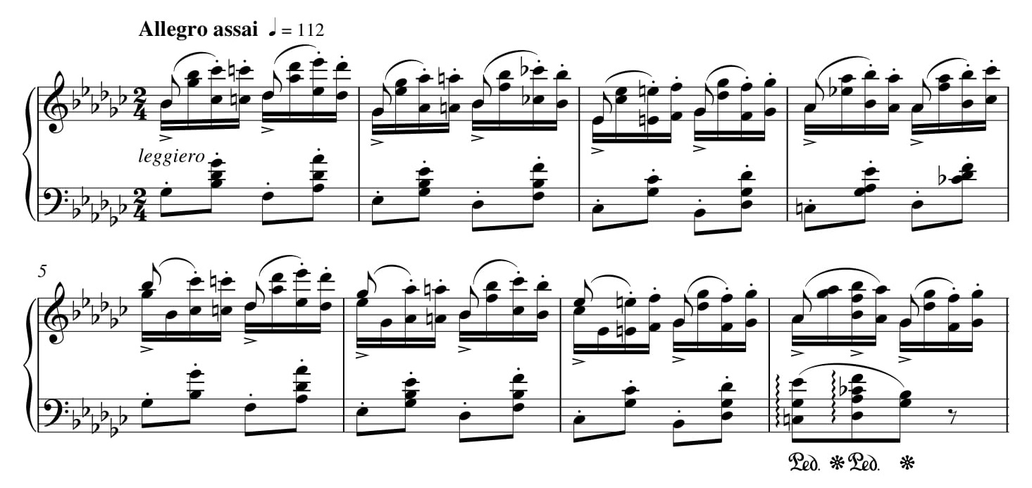 Przykład 5. Fryderyk Chopin, <i>Etiuda Ges-dur</i> op. 25 nr 9, t. 1–8