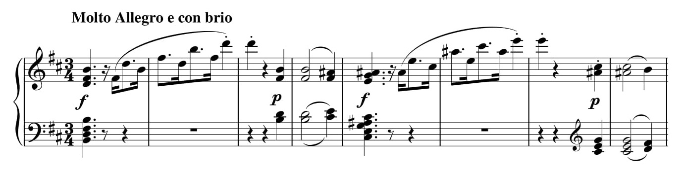 Przykład 6. Ludwig van Beethoven, <i>Sonata fortepianowa</i> op. 10 nr 1, cz. I, <i>Allegro molto e con brio</i> w transpozycji o półton w doł, t. 1–8