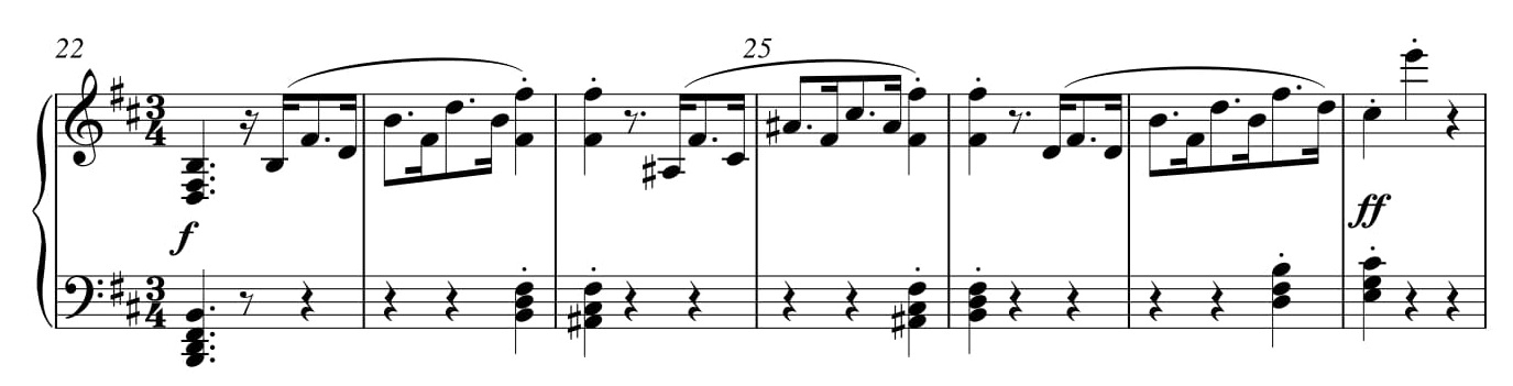 Przykład 10. Ludwig van Beethoven, <i>Sonata fortepianowa</i> op. 10 nr 1, cz. I, <i>Allegro molto e con brio</i> w transpozycji o półton w dół, t. 22–28