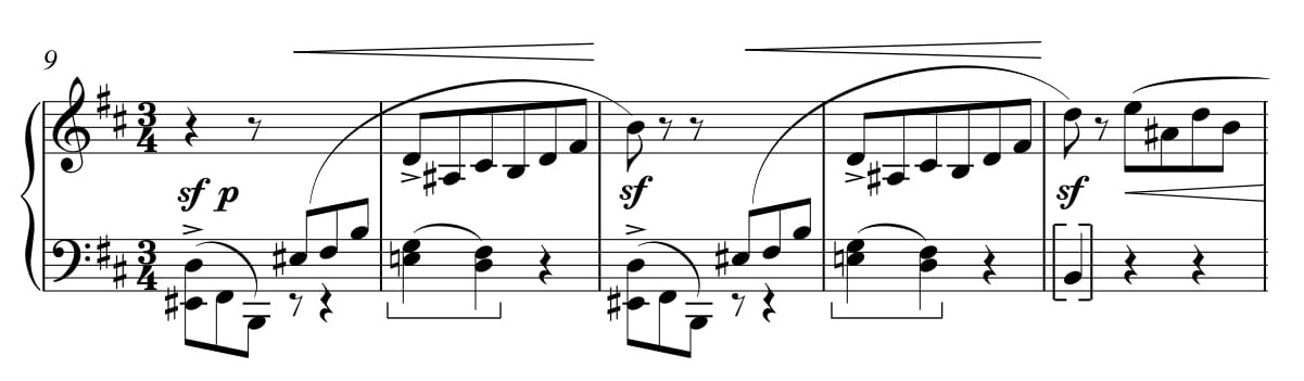 Przykład 12. Fryderyk Chopin, <i>Scherzo h-moll</i> op. 20, t. 9–13