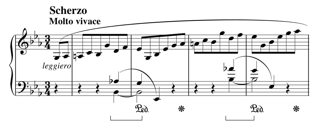 Przykład 13. Fryderyk Chopin, <i>Sonata h-moll</i> op. 58, cz. II, <i>Scherzo</i>, t. 1–4