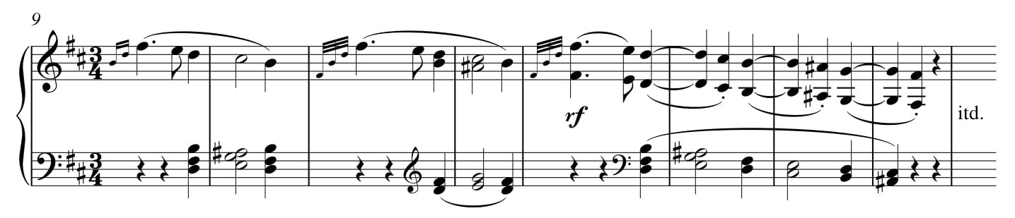 Przykład 16. Ludwig van Beethoven, <i>Sonata fortepianowa</i> op. 10 nr 1, cz. I, <i>Allegro molto e con brio</i> w transpozycji o półton w dół, t. 9–16