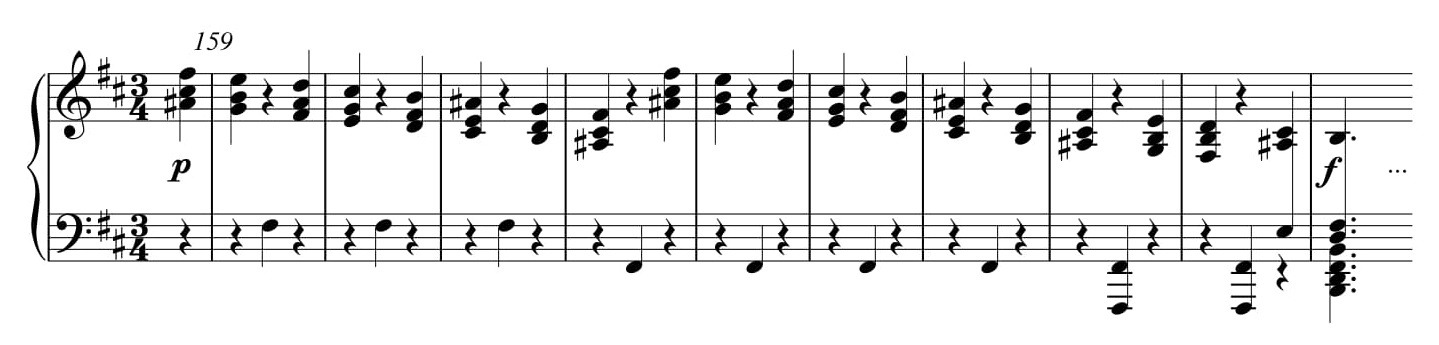 Przykład 18. Ludwig van Beethoven, <i>Sonata fortepianowa</i> op. 10 nr 1, cz. I, <i>Allegro molto e con brio</i> w transpozycji o półton w dół, t. 159–168