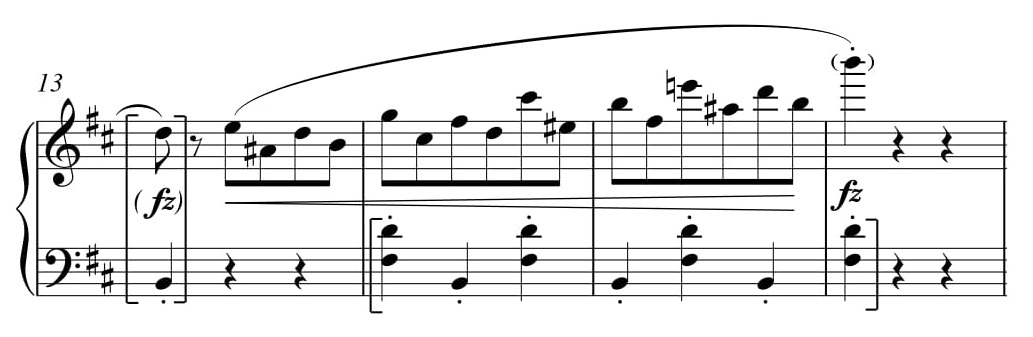 Przykład 14. Fryderyk Chopin, <i>Scherzo h-moll</i> op. 20, t. 13–16