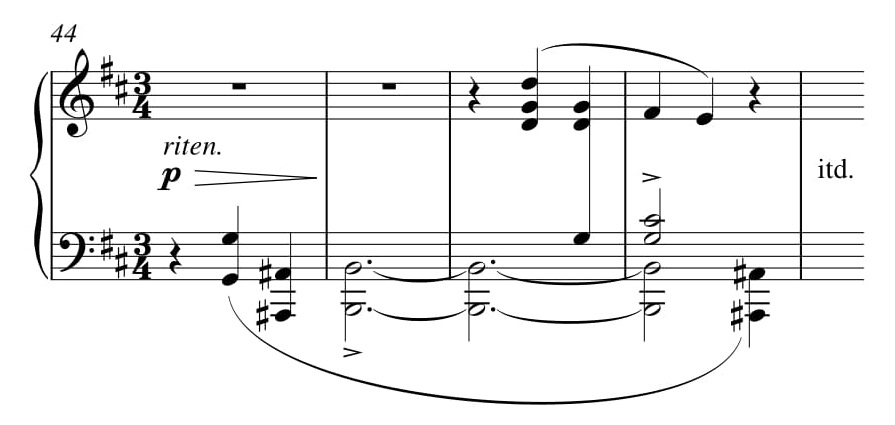 Przykład 21. Fryderyk Chopin, <i>Scherzo h-moll</i> op. 20, t. 44–47